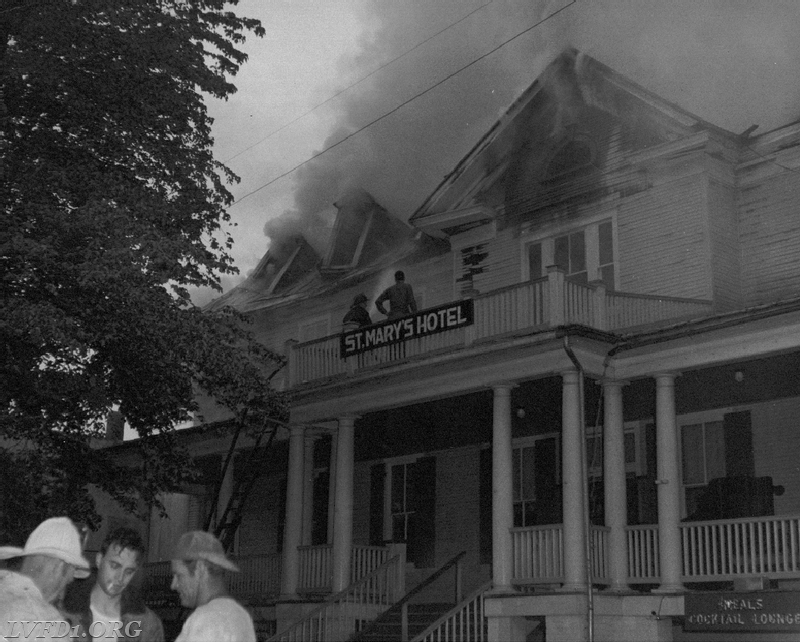 1956:  St. Mary's Hotel Fire, [l-r] Chief Jim Raley Co.5, John Leavy Co.3, Mac Mattingly Co.1